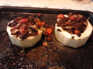 Marrow rings stuffed with beef mince
